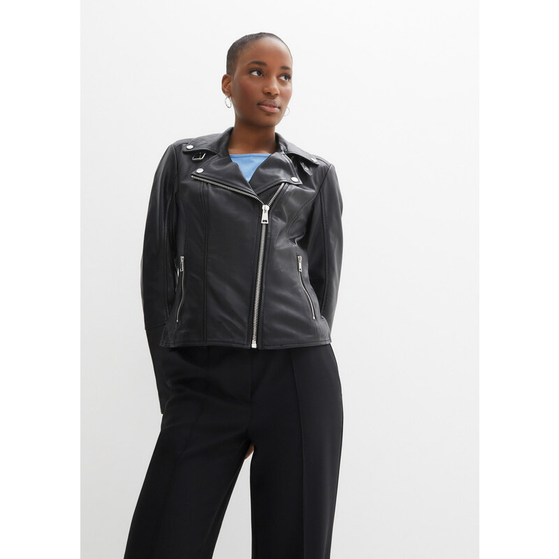 bonprix Kožená motorkárska bunda z jahňacej nappa kože, farba čierna 49697412