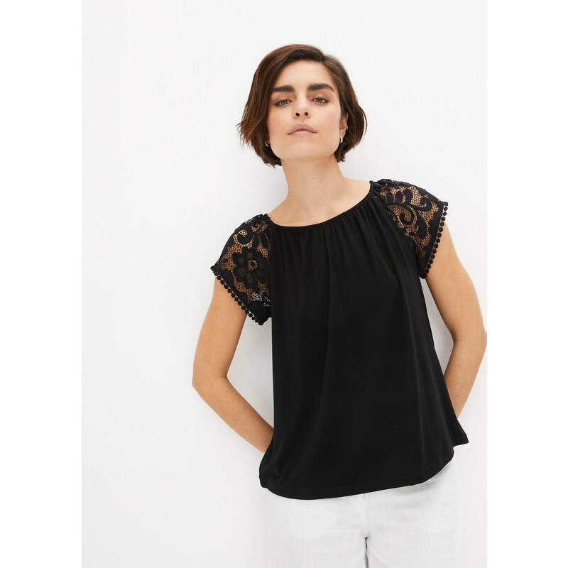 bonprix Tričko s čipkovanými rukávmi, farba čierna 52531120