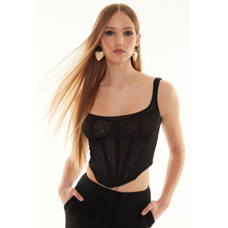 Trendyol Black Form-fitting Corset Detailed Knitted Tulle Bustier 57753406