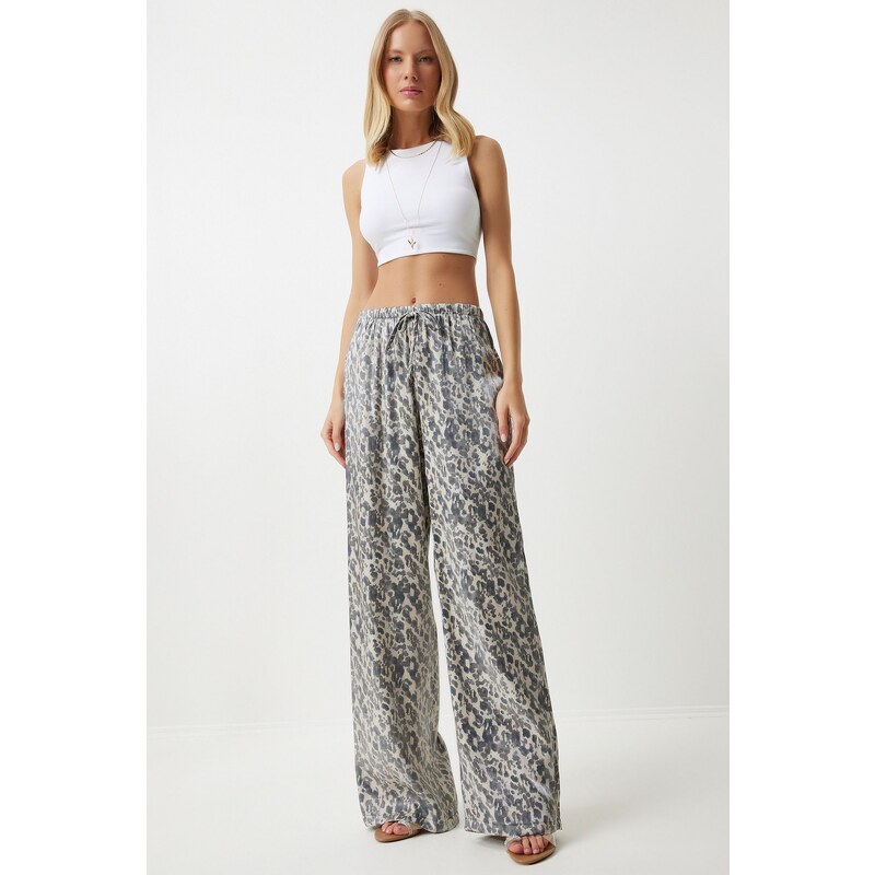 Happiness İstanbul Womens Gray Cream Leopard Patterned Palazzo 57778603