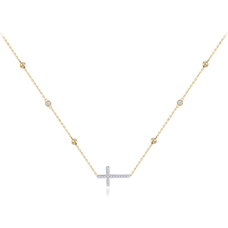 OLIVIE MINET Zlatý náhrdelník krížik s bielymi zirkónmi a guličkami Au 60964912