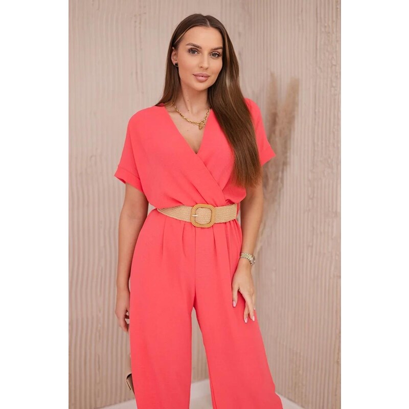 MladaModa Elegantný overal s ozdobným opaskom model 5877 neónovo 58163611