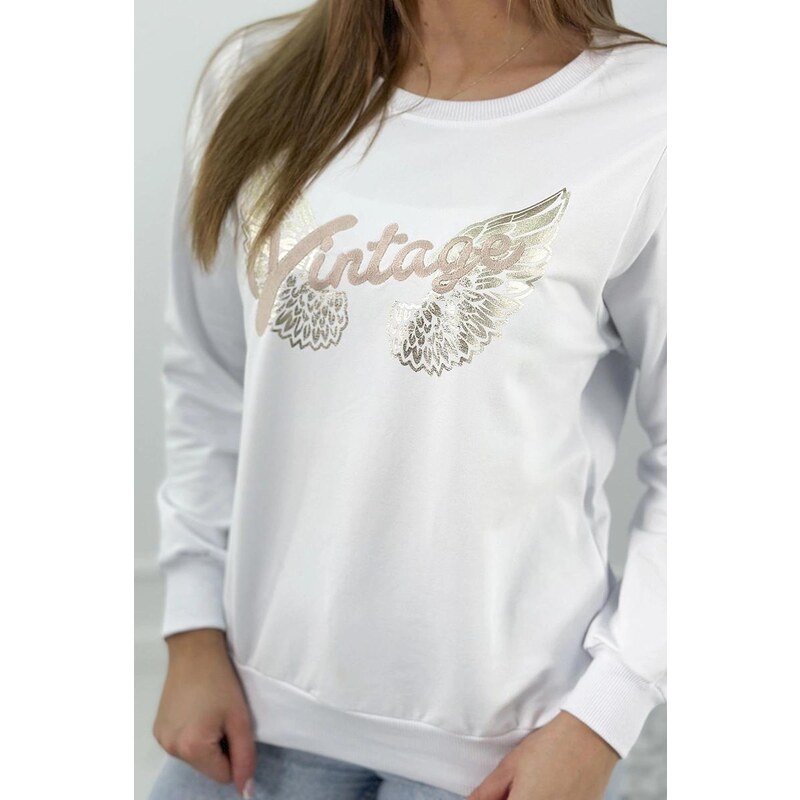 MladaModa Mikina s lesklou potlačou a vyšívaným nápisom Vintage biela 56410820