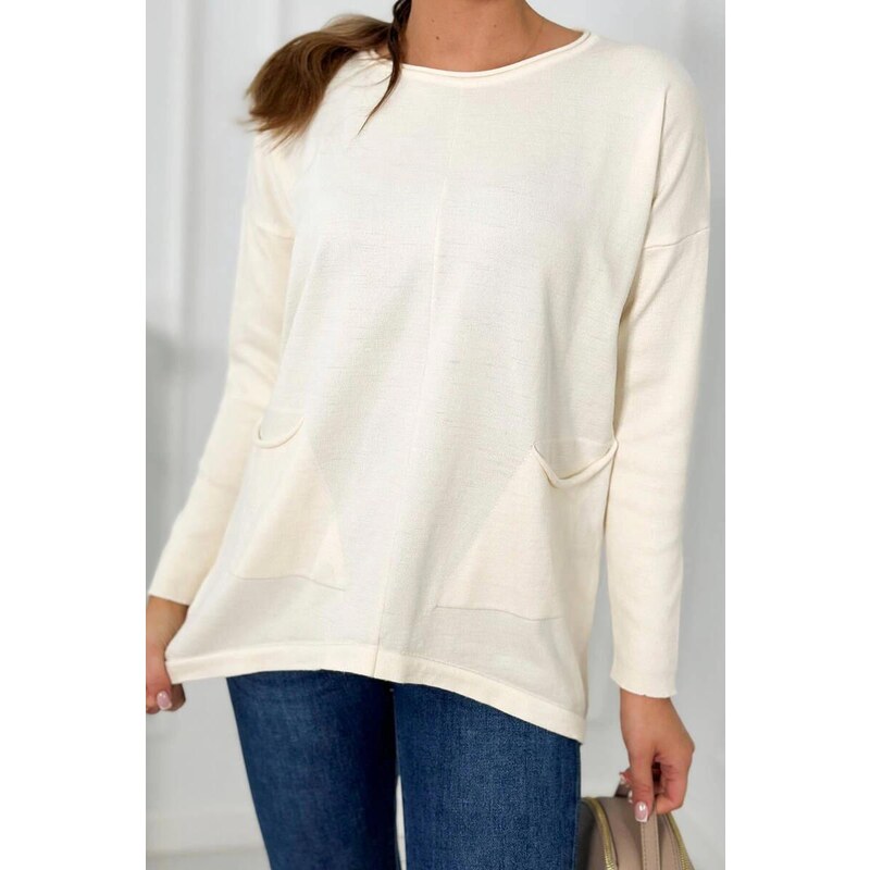 MladaModa Tenký sveter s prednými vreckami model 2432 farba ecru 58163624