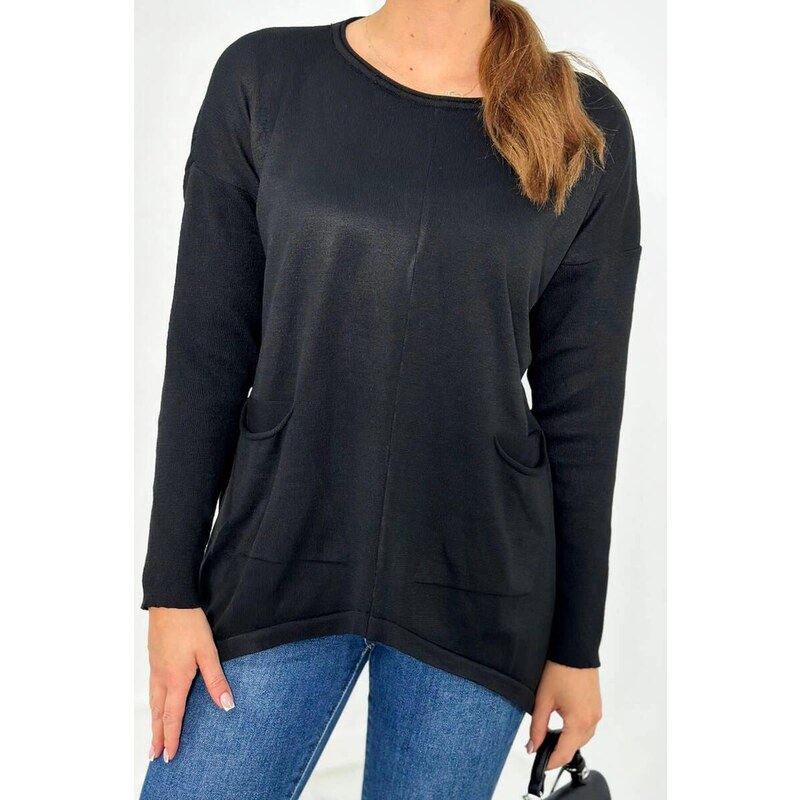 MladaModa Tenký sveter s prednými vreckami model 2432 čierny 58163621