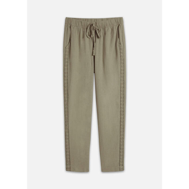 bonprix Plátené nohavice s bočnou čipkou, po členky, farba zelená 53200020