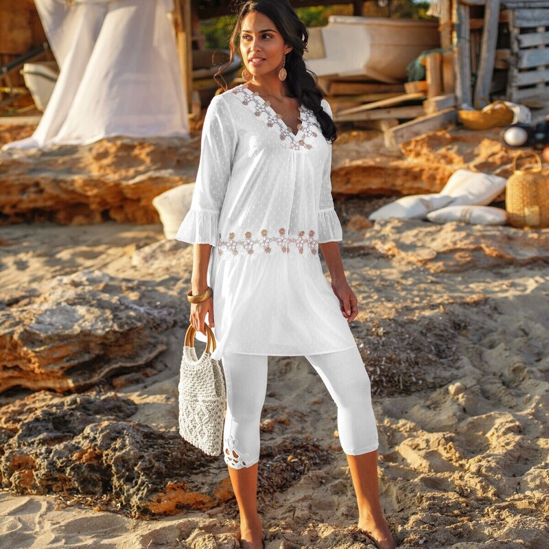 3/4 legíny s macramé a pružným pásom biela 036 Blancheporte 48782144