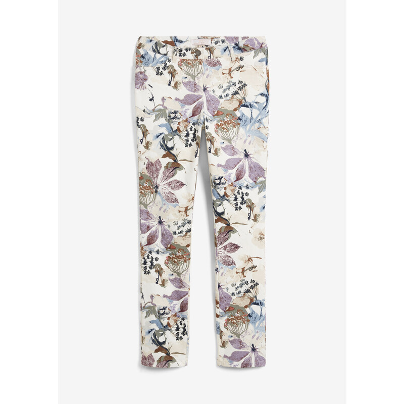 bonprix Strečové nohavice s kvetovanou potlačou, farba béžová 44789832