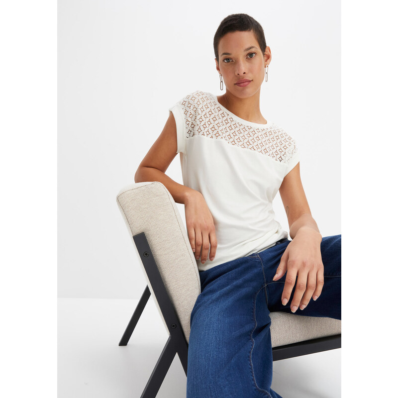 bonprix Tričko s čipkou z viskózového mixu, farba biela 44790737