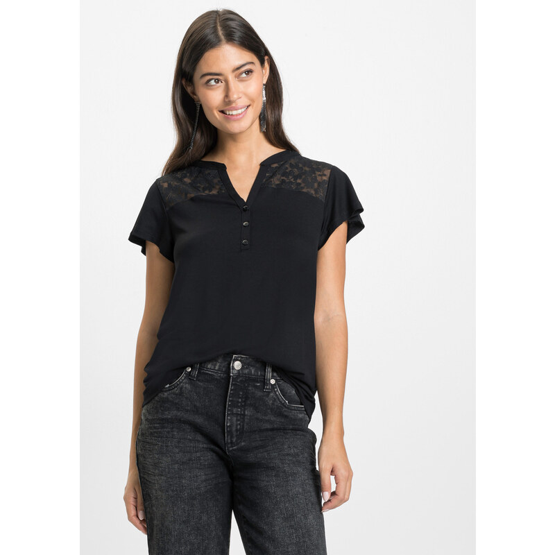 bonprix Tričko s gombičkami z viskózového mixu, farba čierna 44793835