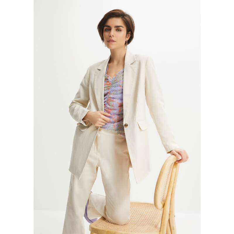 bonprix Dlhý blejzer z pláteno-viskózového mixu, farba béžová 49697179