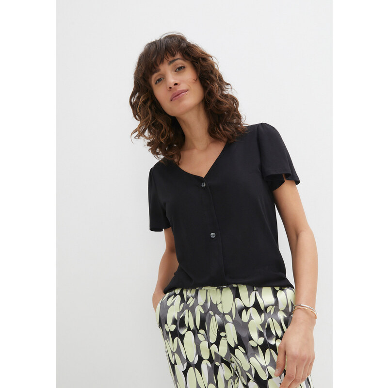 bonprix Tričko s gombičkovou légou, farba čierna 49697306