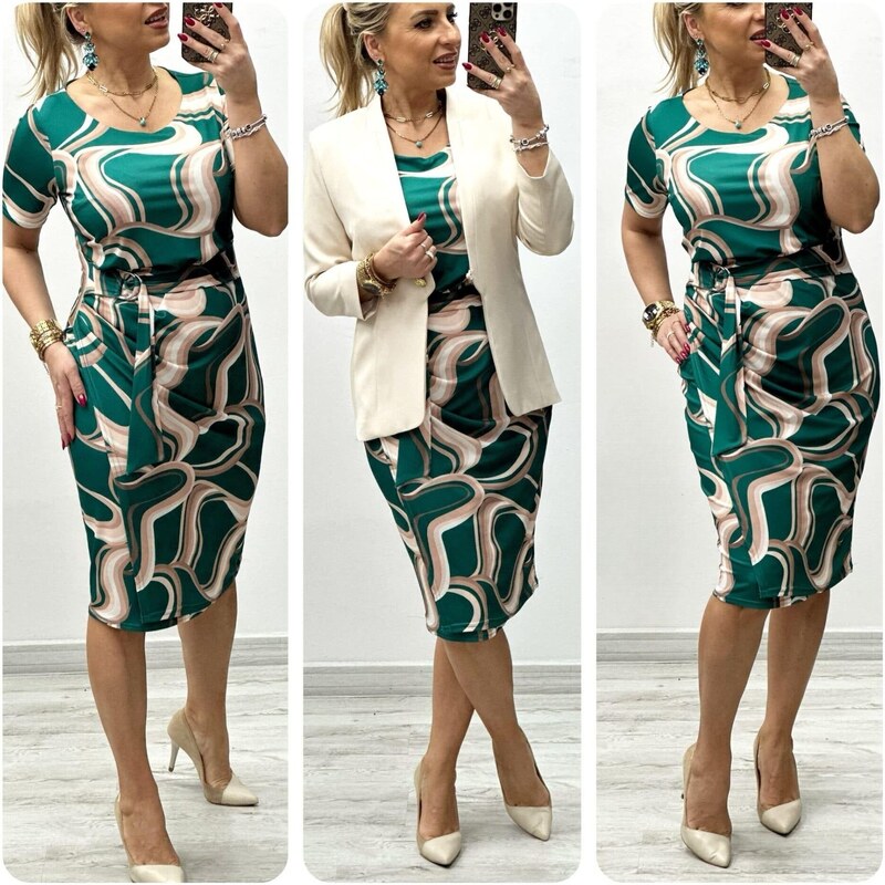 (veľ. 44) Pružné vzorované šaty s opaskom zelené 54605487