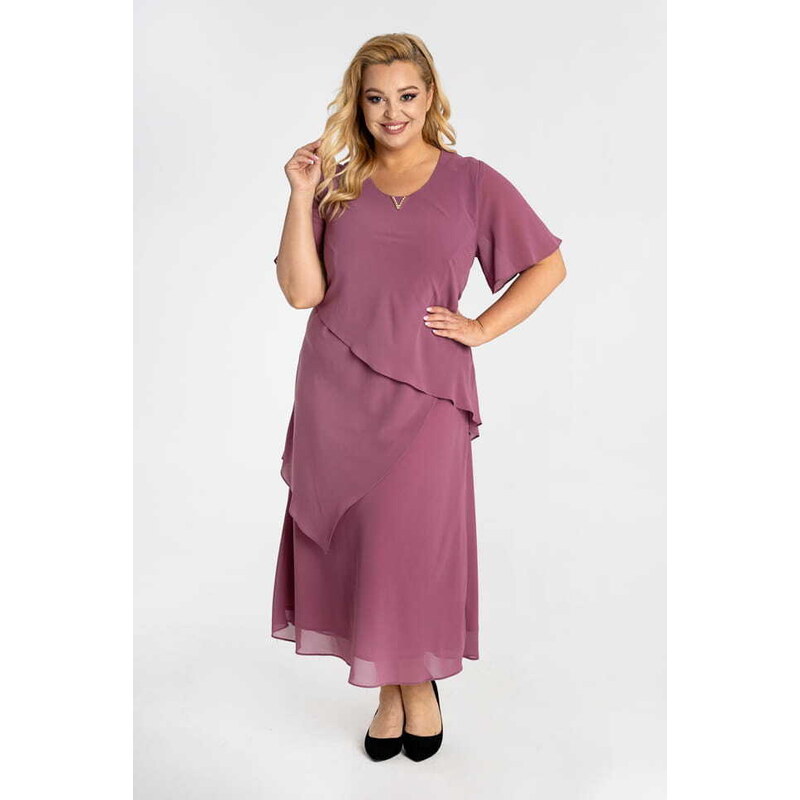 (veľ. 58) Šifónové šaty s asymetrickými vrstvami staroružové 64463608