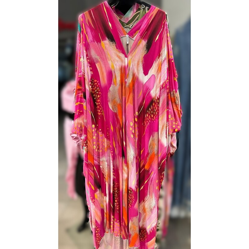 E-shop Vzorovaný kaftan s krátkymi rukávmi ružový