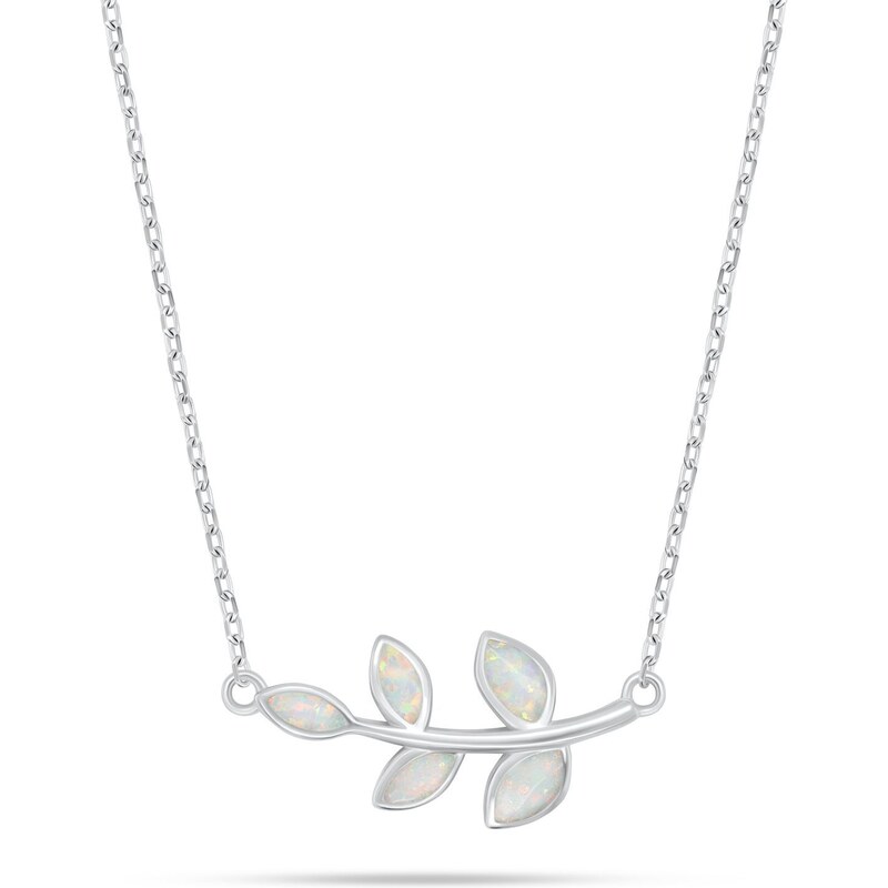 Brilio Silver Slušivý strieborný náhrdelník lístky s bielym opálom 66582860