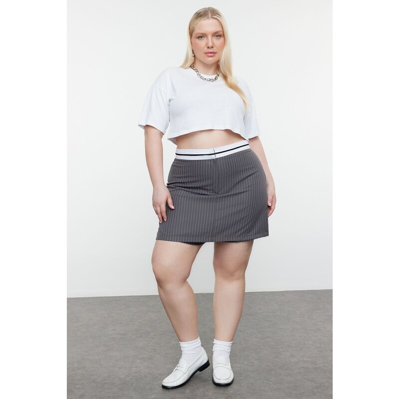 Trendyol Curve Anthracite Waist Belt Detailed Mini Striped Woven 53880746