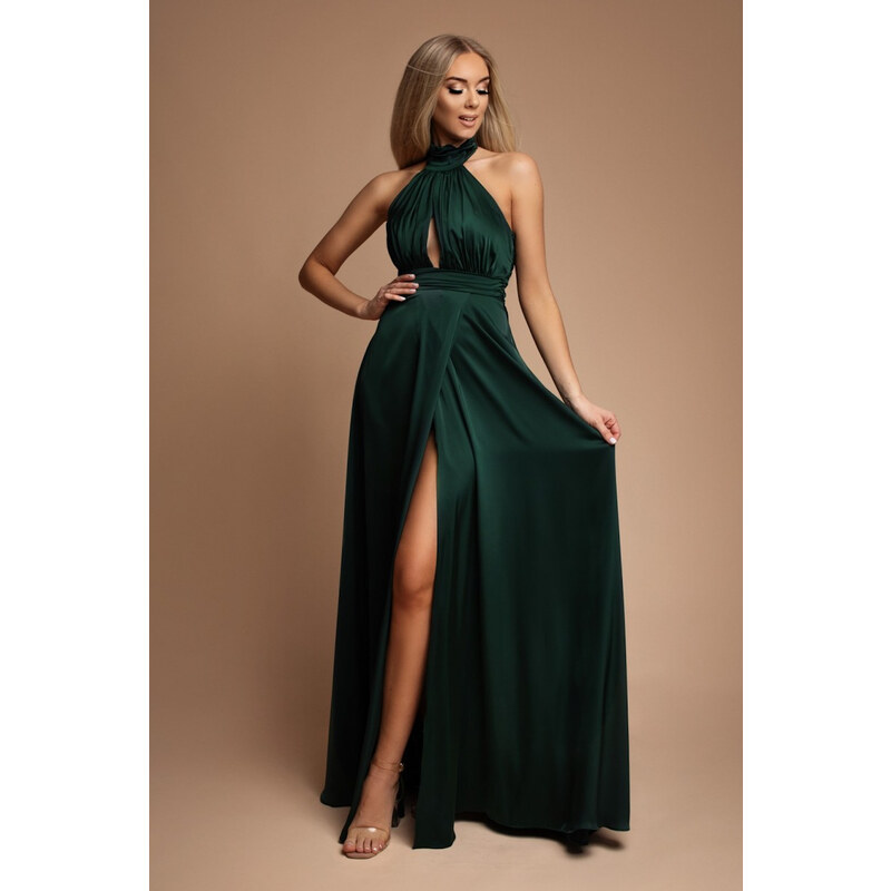 miadresses.sk Smaragdové saténové šaty s rozparkom 54807374