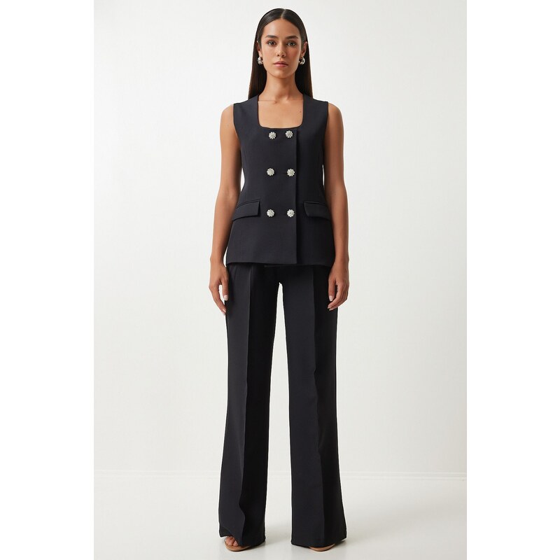 Happiness İstanbul Women's Black Square Collar Woven Vest Trousers Suit