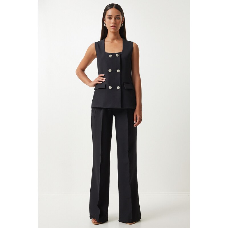 Happiness İstanbul Women's Black Square Collar Woven Vest Trousers Suit