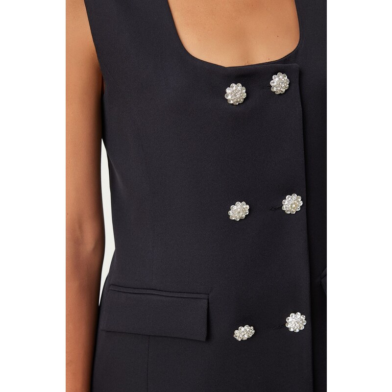 Happiness İstanbul Women's Black Square Collar Woven Vest Trousers Suit