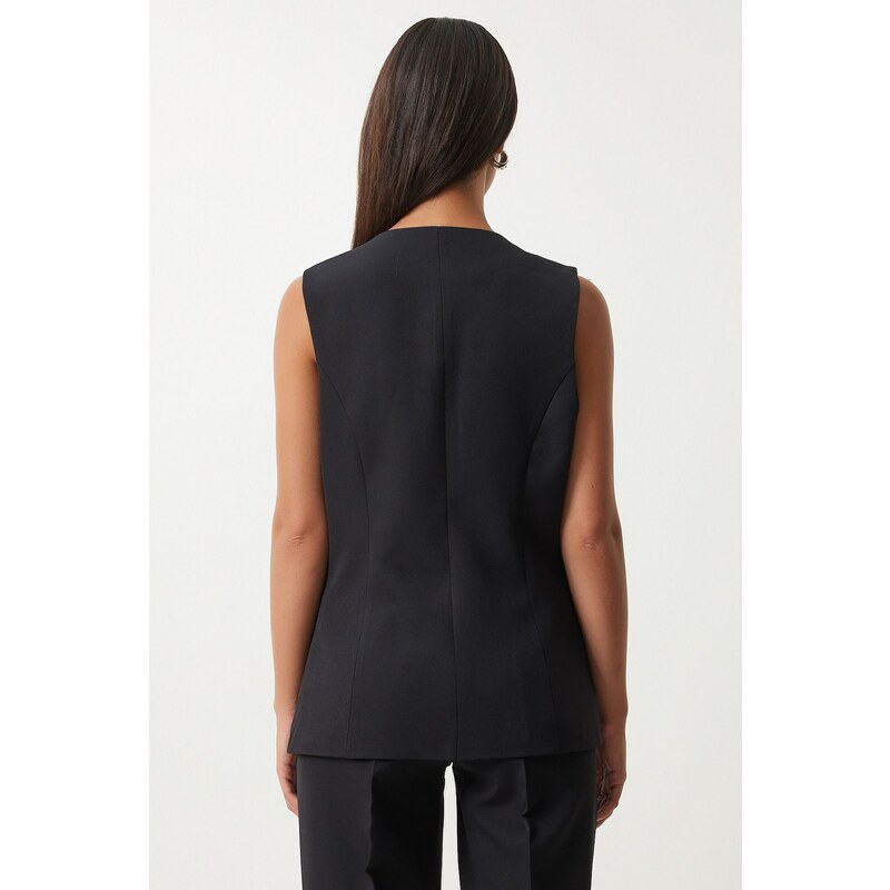 Happiness İstanbul Women's Black Square Collar Woven Vest Trousers Suit