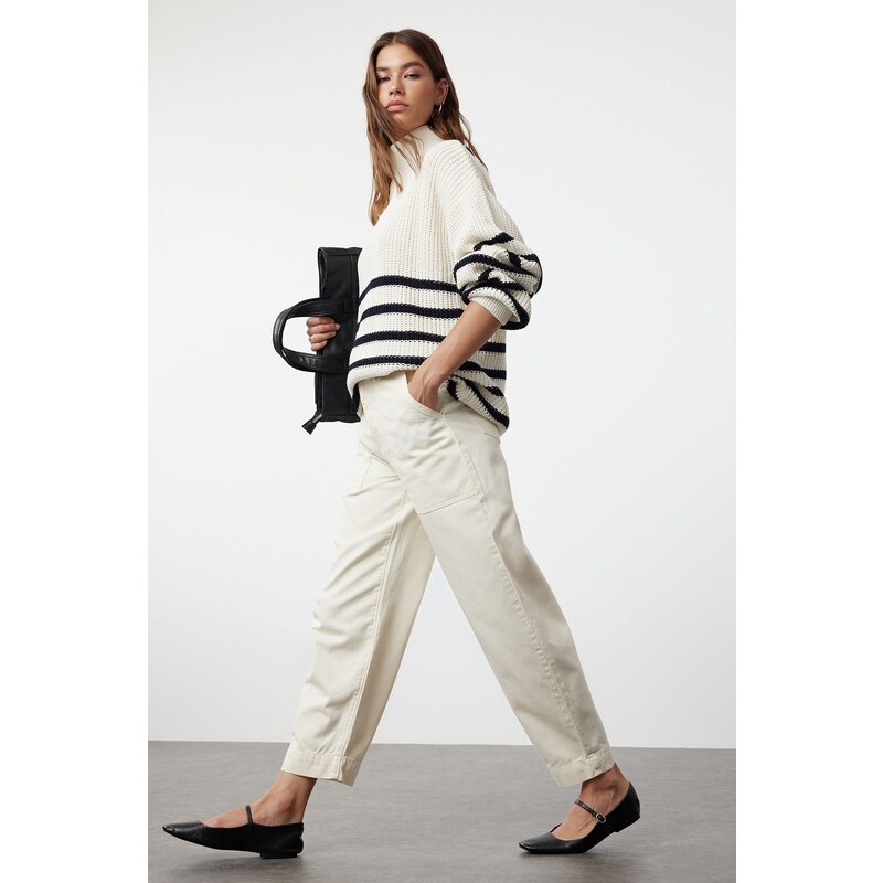 Trendyol Ecru Pocket Detailed High Waist Barrel Trousers 55368371