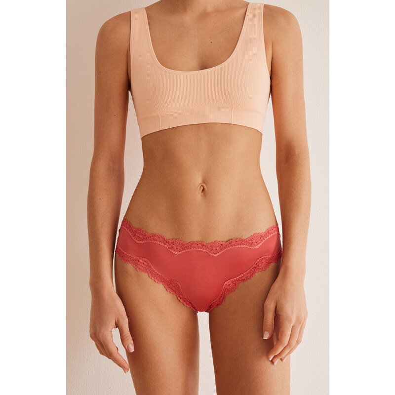 womensecret Brazílske nohavičky z červeného mikrovlákna a čipky 50876344