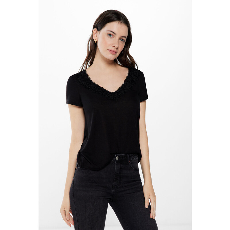 SPRINGFIELD Dámske tričko s výstrihom do V a čipkou 55313075