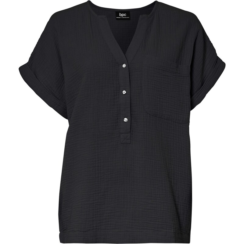 bonprix Blúzka s krátkym rukávom z mušelínu, farba čierna 44971411