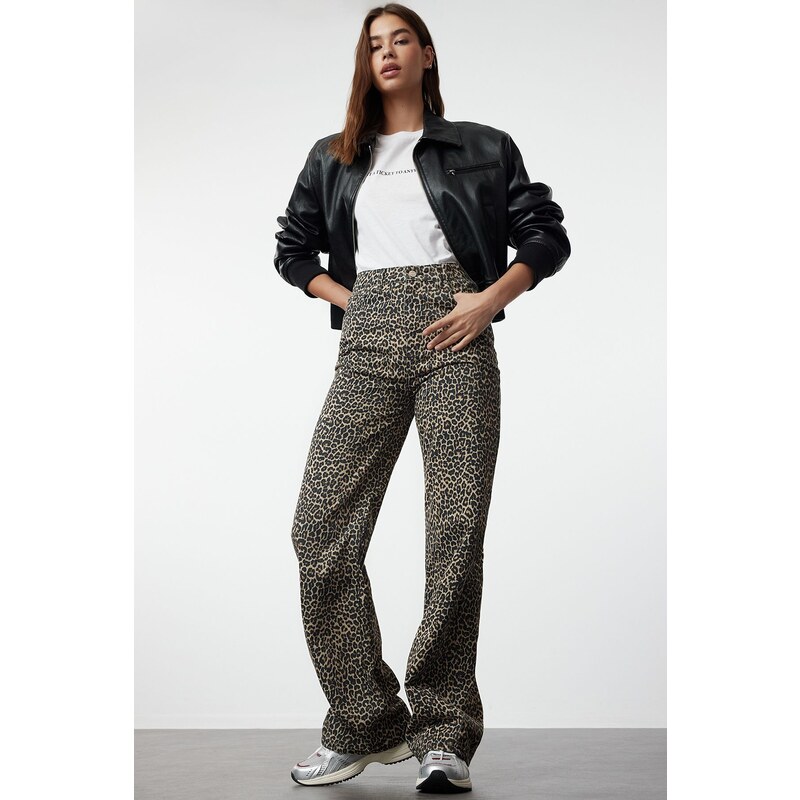 Trendyol Multicolored Leopard Print Brown High Waist Wide Leg Jeans 55367729