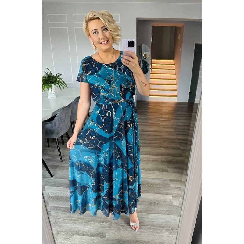 (veľ. 42) Dlhé šifónové šaty s retiazkou modrozelené 65183148