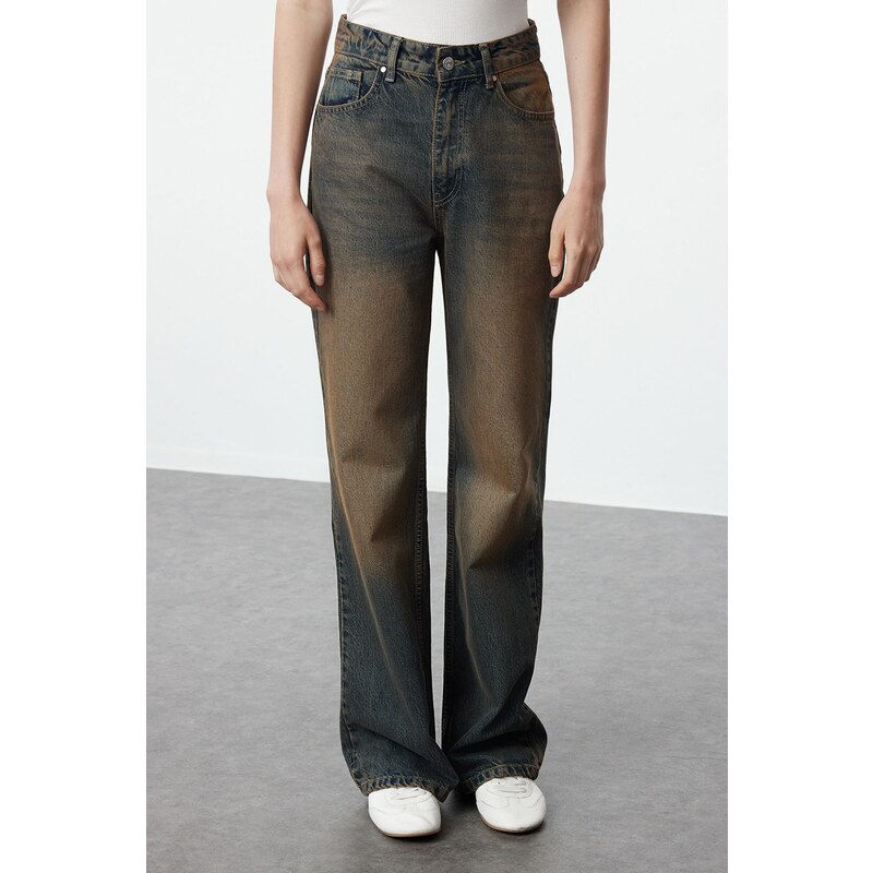 Trendyol tmavomodré bledé efektové vintage džínsy s vysokým pásom a 50549552