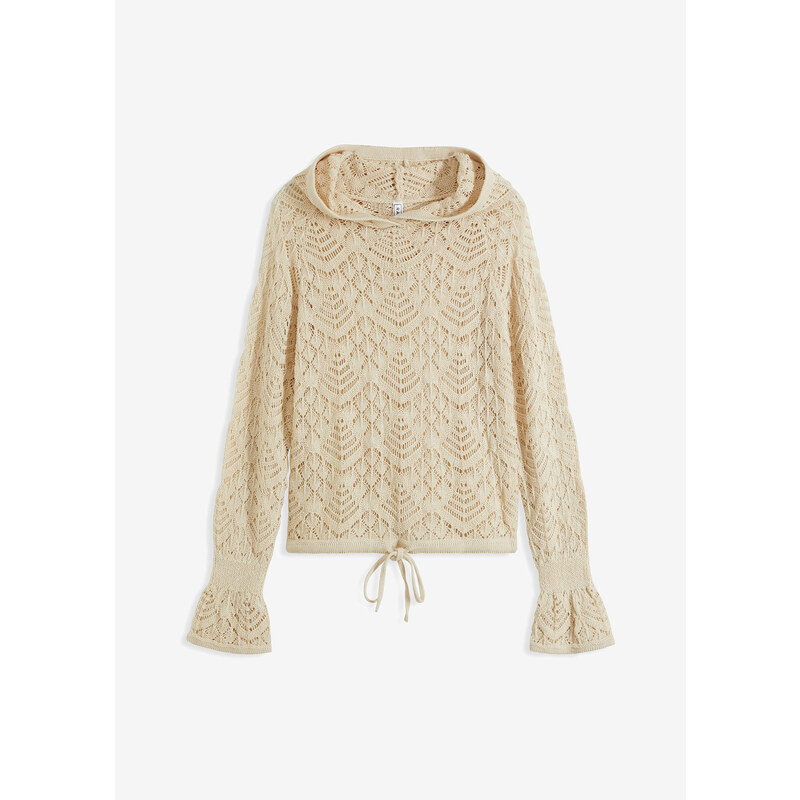 bonprix Ľahký pulóver s kapucňou, farba béžová 56356232