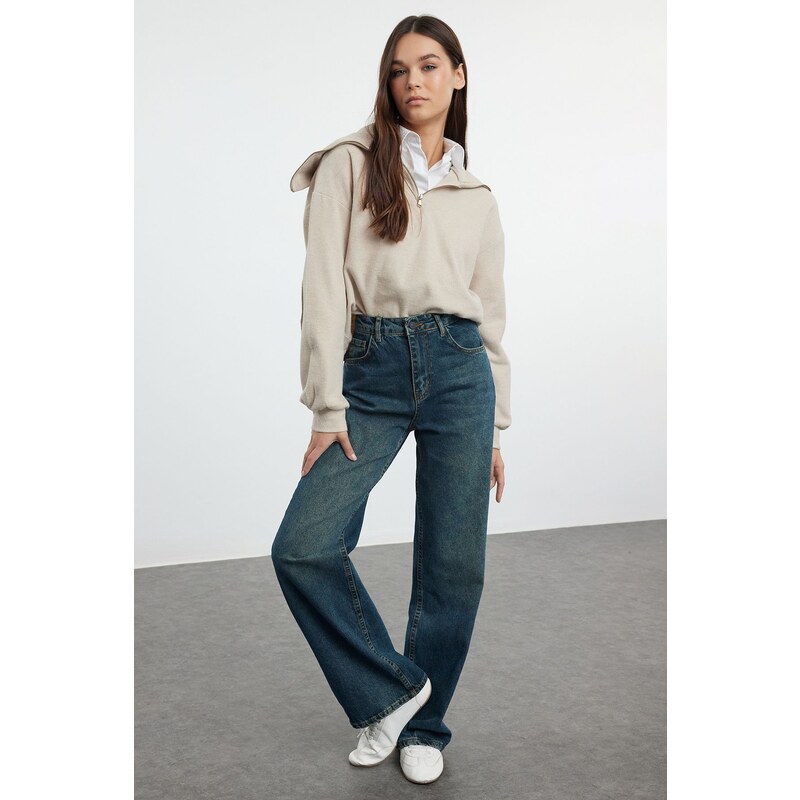 Trendyol Navy Blue High Waist Wide Leg Jeans 57100556