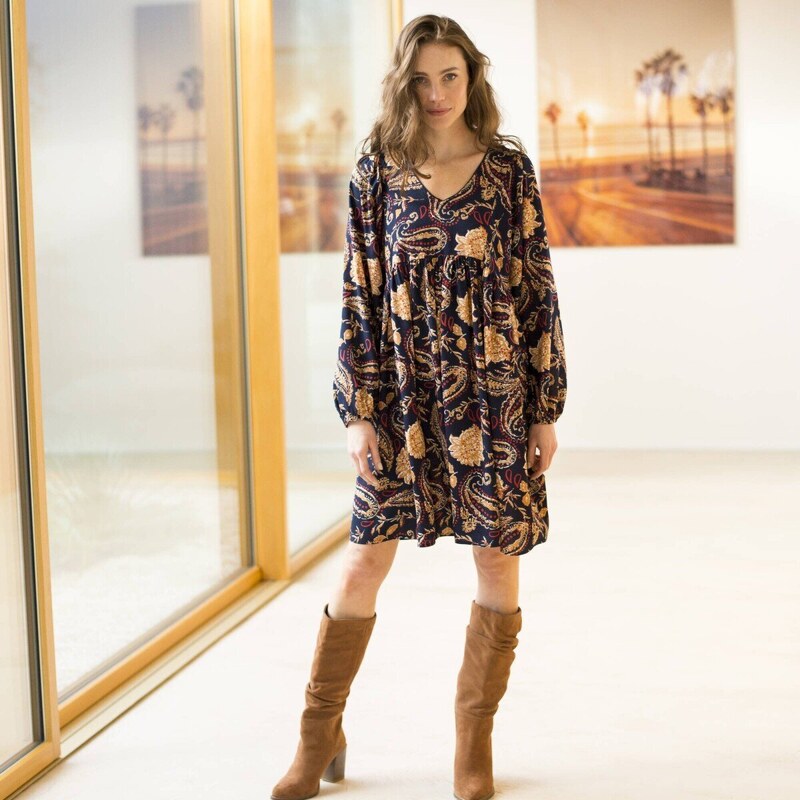 Šaty so širokými rukávmi a potlačou v boho štýle štvorcová modrá 56607903