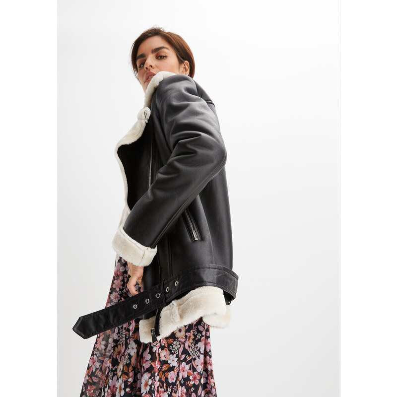 bonprix Motorkárska bunda z umelej kožušiny, farba čierna 60338982