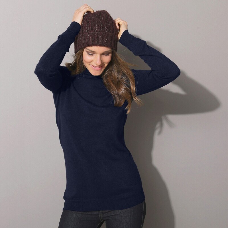 Pulóver s rolákom, kašmírový na dotyk námornícka modrá 040 56607489