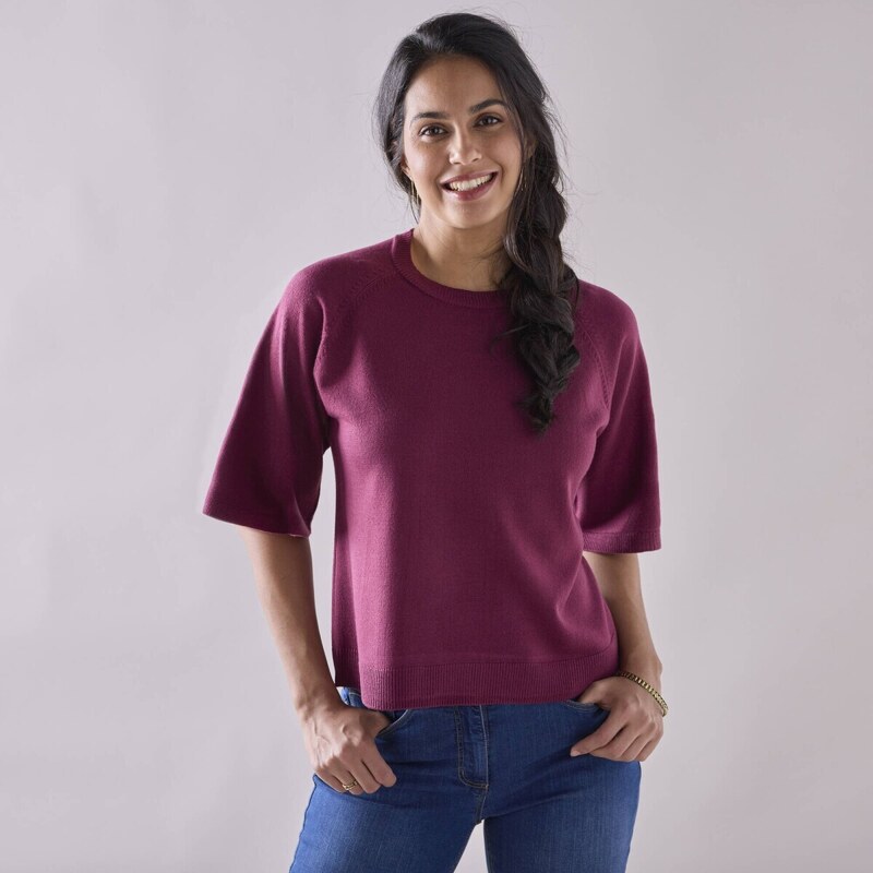 Voľný pulóver s rukávmi po lakte slivková 050 Blancheporte 56607549