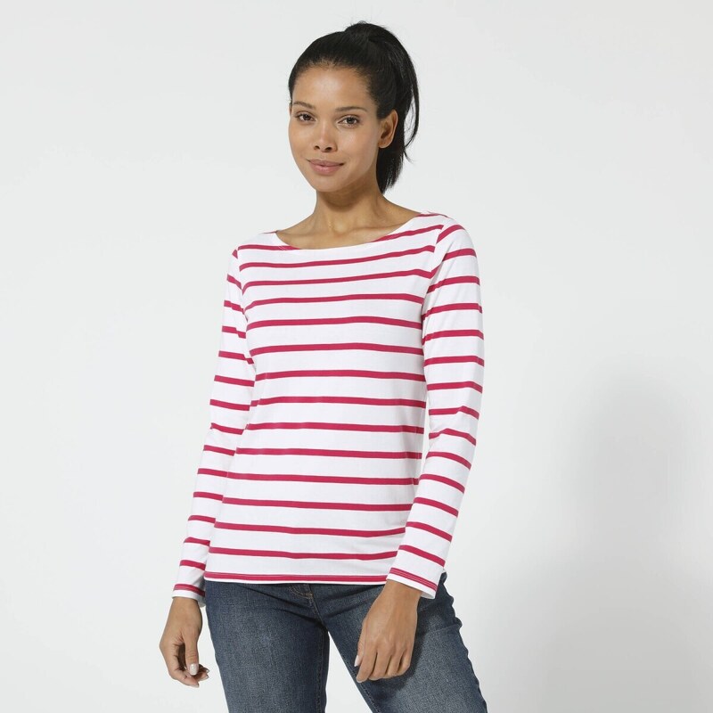 Pruhované tričko s dlhými rukávmi biela/malinová 036 Blancheporte 56607559