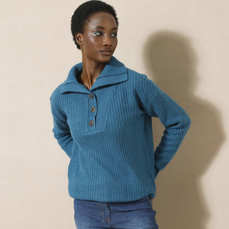 Pulóver so stojačikom, pletený hladký vzor mohérový na dotyk modrá 048 56607591