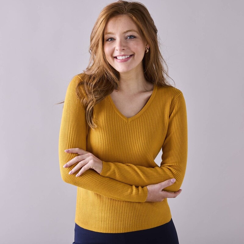 Vrúbkovaný pulóver s výstrihom do V kari 048 Blancheporte 56607616