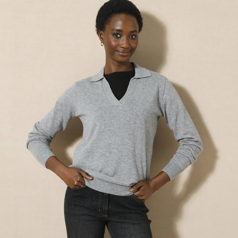 Pulóver s polo golierom, hrejivá jahňacia vlna sivý melír 036 56607629