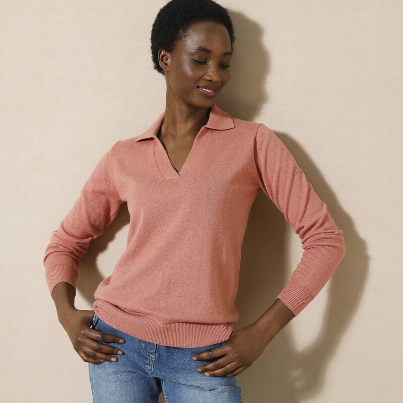 Pulóver z jahňacej vlny s polo golierom ružový melír 036 Blancheporte 56607631