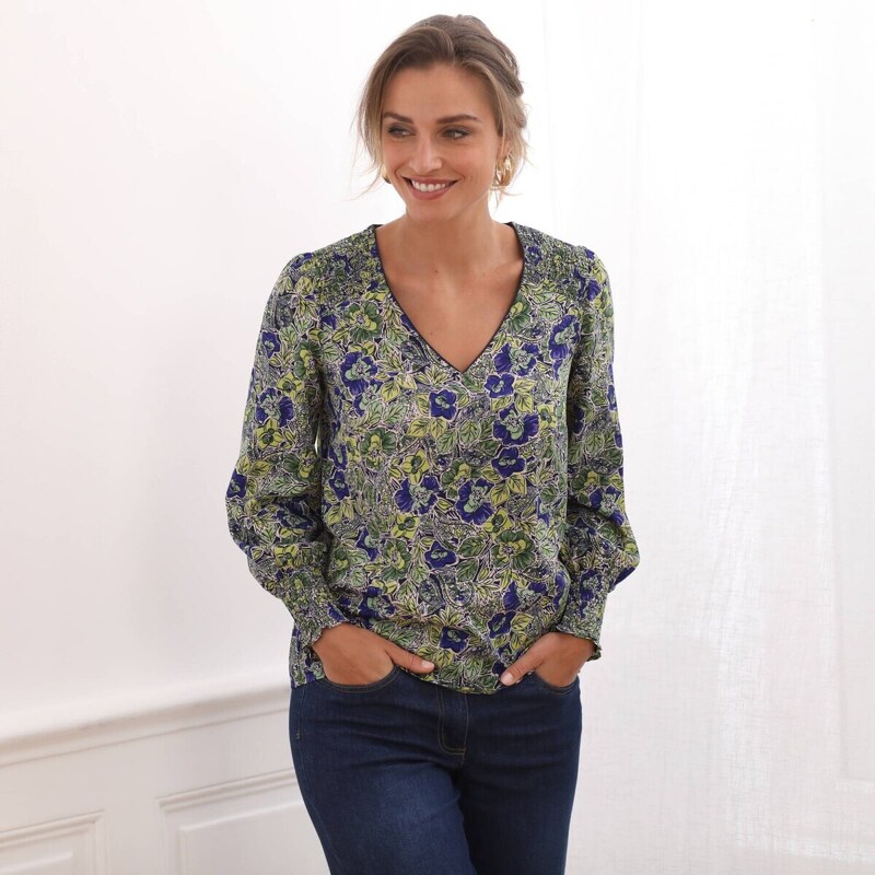 Blúzka so žabkovaním a potlačou kvetín zelená/modrá 036 Blancheporte 56607639
