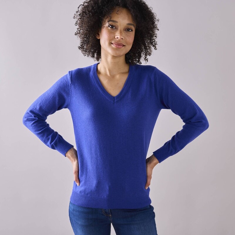 Pulóver s výstrihom do V z jahňacej vlny tmavomodrá 036 Blancheporte 56607707