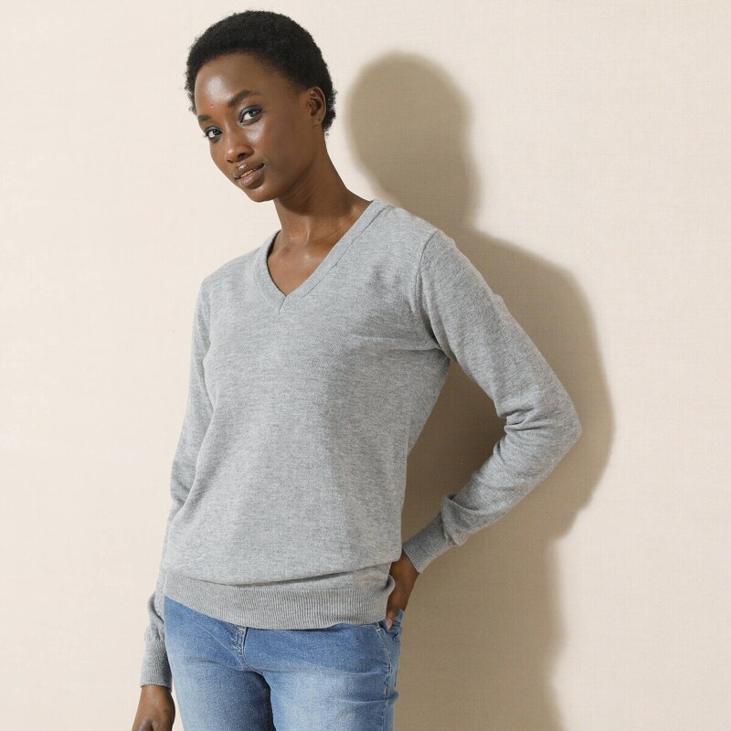 Pulóver s výstrihom do V z jahňacej vlny sivý melír 044 Blancheporte 56607731