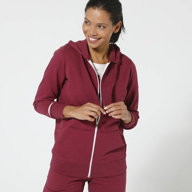 Dvojfarebná moltonová mikina na zips, s kapucňou slivková/biela 036 56607751