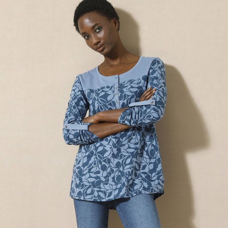 Tunika s gombíkovou légou a potlačou modrosivá/modrá 040 Blancheporte 56607807