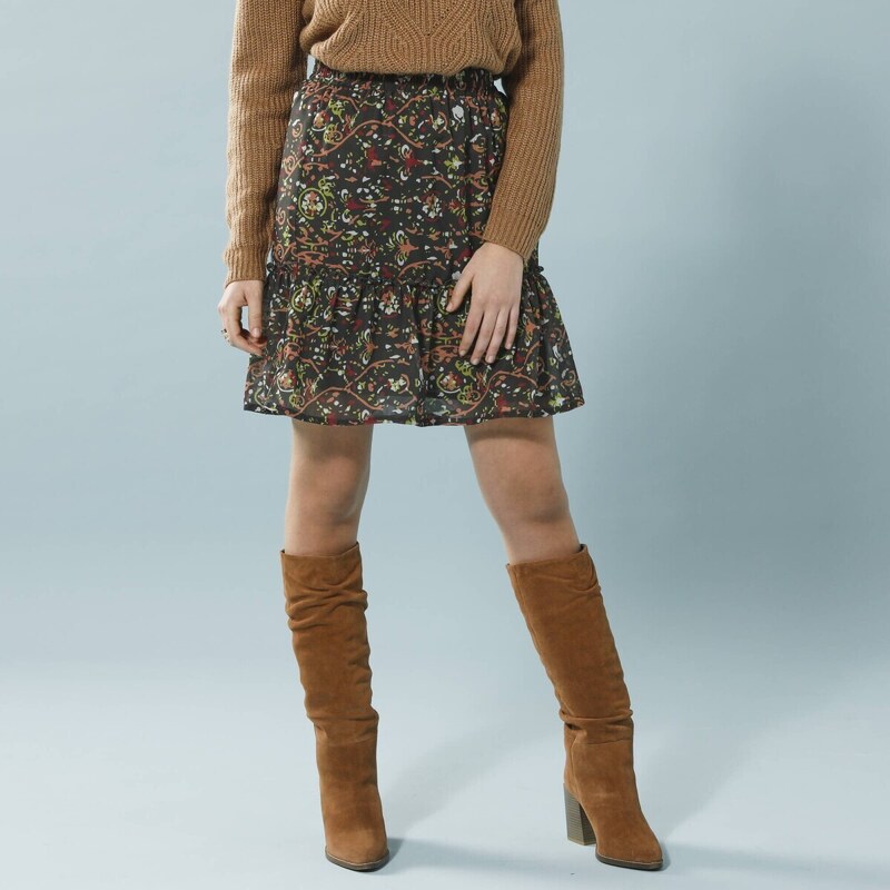 Krátka sukňa s volánom a potlačou, pre nižšiu postavu khaki 036 56607821